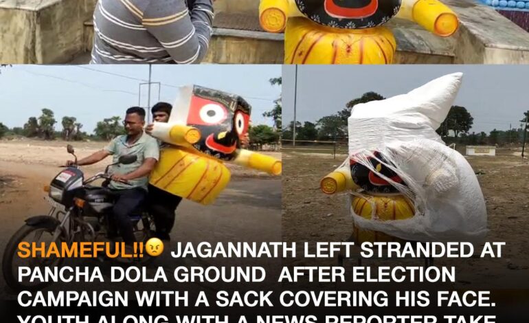 SHAMEFUL!! JAGANNATH LEFT STRANDED AT PANCHA DOLA GROUND AFTER ELECTION CAMPAIGN WITH A SACK COVERING HIS FACE. YOUTH ALONG WITH A NEWS REPORTER TAKE THE IDOL TO A NEARBY TEMPLE.